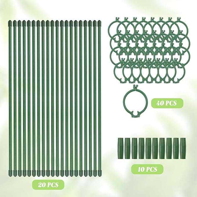 20 Pcs Plant Support Stakes Height Adjustable Garden Single Stem Plant Stake with 40 Pcs Plant Clips and 10 Pcs Connect Pipe for Orchid Rose Peony Peppers Amaryllis Tomato(12 Inch)