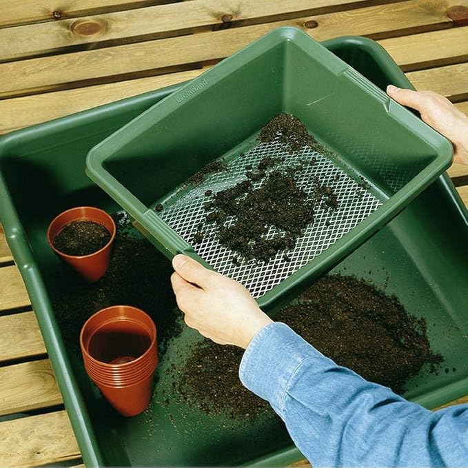 2-in-1 Garden Sieve & Soil Sifter – 13.8″ Square Mesh Sifter for Soil, Compost & Rocks | Dual-Function Garden Sifting Tool