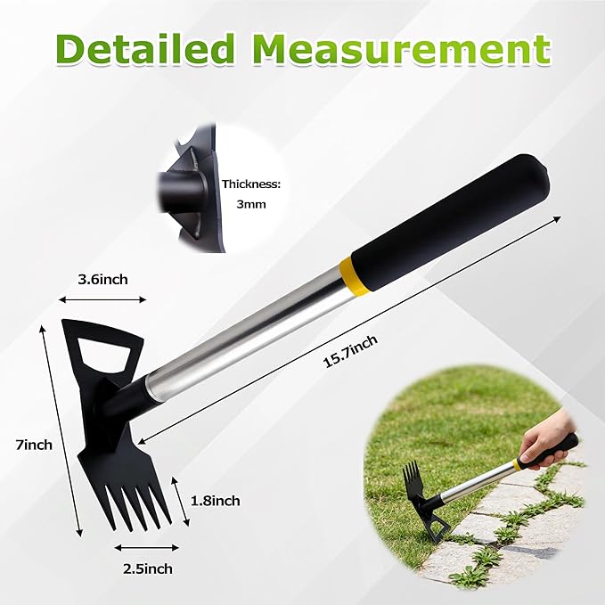 2 in 1 Hand Weed Rake,5-Tine Small Garden Hoe for Weeding,15.7" Weed Hoe with Comfortable Short Handle for Flower Beds,Courtyards,and Narrow Gaps(5-Tooth Short Handle)