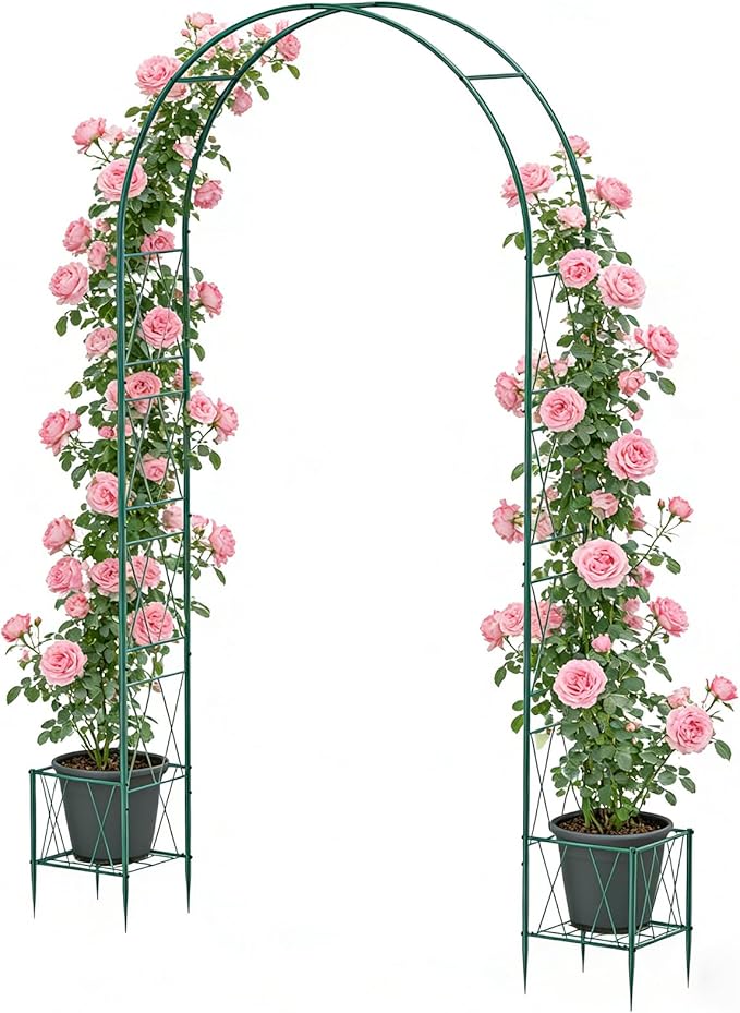 Garden Arch Trellis for Climbing Plants, 8.2 Ft Metal Pergola Arbor with Planter Boxes Outdoor Archway Wedding Arch Backdrop Stand for Halloween Christmas Birthday Party Baby Shower Decoration, Green