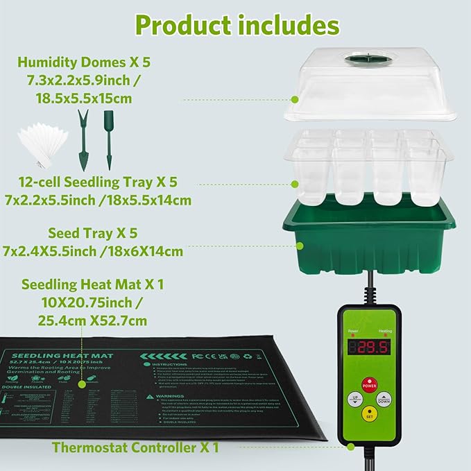 AUPETEK Seedling Heat Mat with Thermostat Controller and 5 Pack Seed Starter Tray Combo Set for Seed Germination Plant Propagation MET Standard