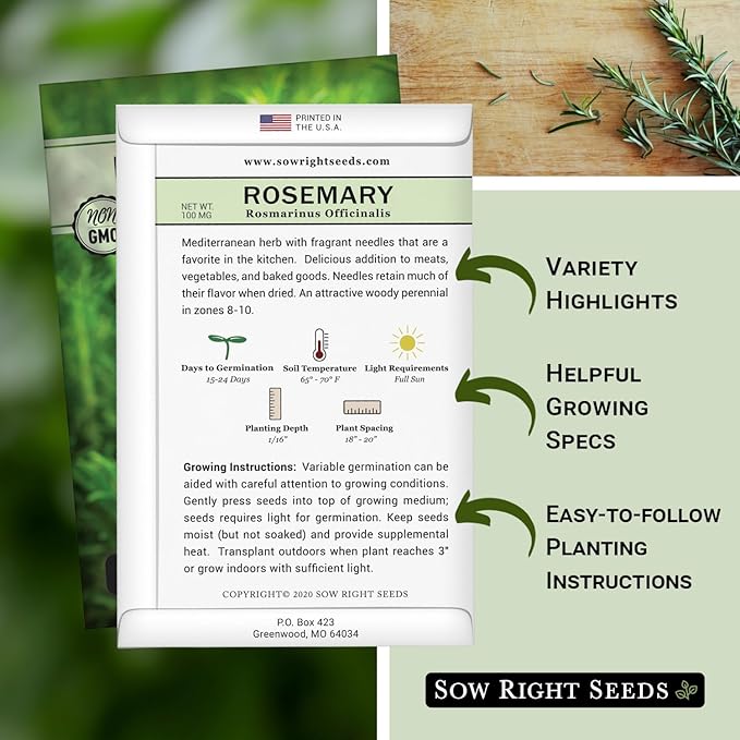 Sow Right Seeds - Rosemary Seed for Planting - Non-GMO Heirloom Packet with Instructions to Plant and Grow a Kitchen Herb Garden - Indoors or Outdoor - Tasty Culinary Herb, Super Fragrant (4)