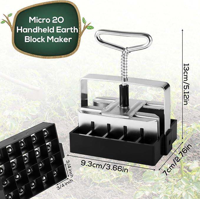 Mini 20 Cell Soil Blocker, Iron Hand Held 3/4 in Soil Block Maker Blocking Tool for Seed Starting with Seed Dispenser Garden Seeding Tools for Indoor Outdoor Plants