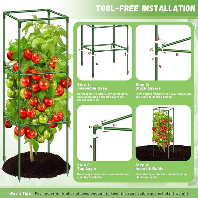 Riare 4 Pack Square Tomato Cages for Garden Plant Support- 45 Inch Heavy Duty Tomato Cage Garden Stakes Tomato Trellis for Climbing Plants Vegetables Flowers Outdoor Indoor