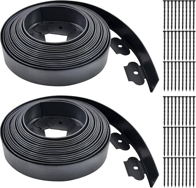 2 Pcs Garden Edging, 60ft Black Landscape Edging, 54 Spikes for Lawn 2 Inch Tall （60Ft Total）