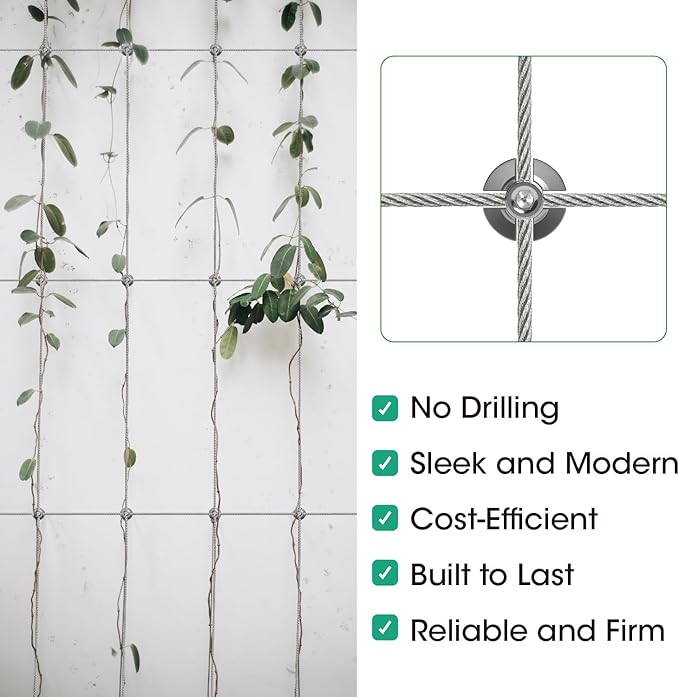 20 Pack Wall Trellis Wire Clamps & Cross Cable Clamps, T316 Stainless Steel Heavy Duty (0.66" OD) for 1/8" Rope, No Drilling Wire Trellis Kit for Outdoor Climbing Plants & Fence