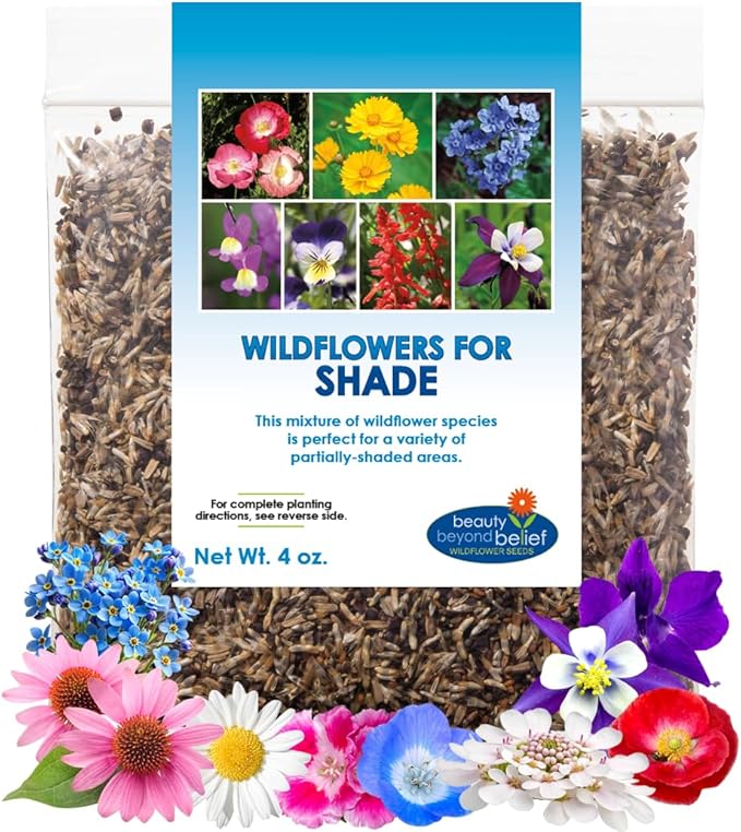 Partial Shade Wildflower Seeds 4oz - Open-Pollinated Flower Seed Mix Packet, No Fillers, Annual, Perennial Wildflower Seeds Year Round Planting