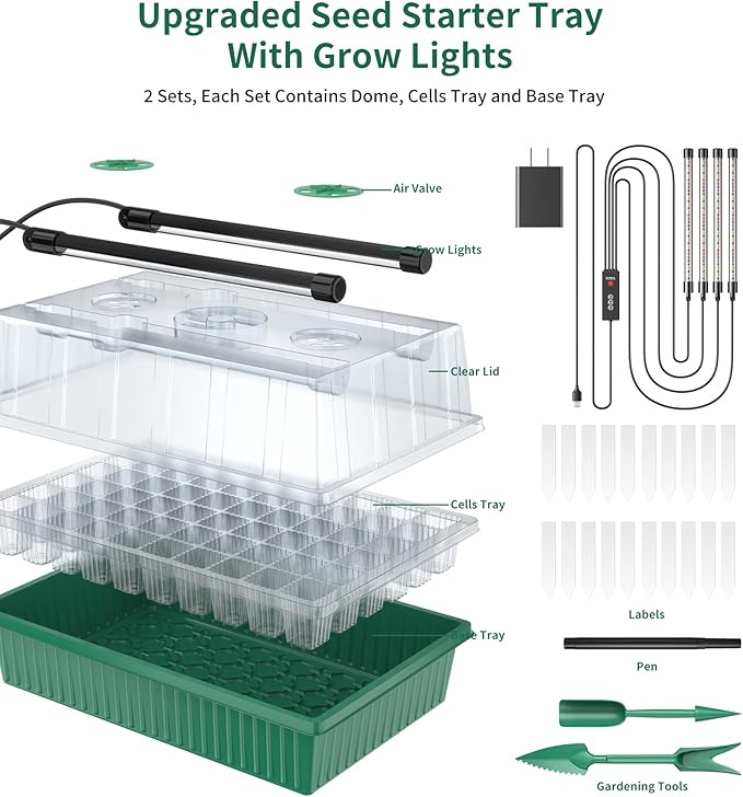 Guioiby Seed Starter Tray, 120-Cells Seed Starter Kit with Grow Light, 2 Pack Reusable Seeding Starter Trays with Air Vent Humidity Domes for Greenhouse Gardening Indoor Planting Growing (Green Base)