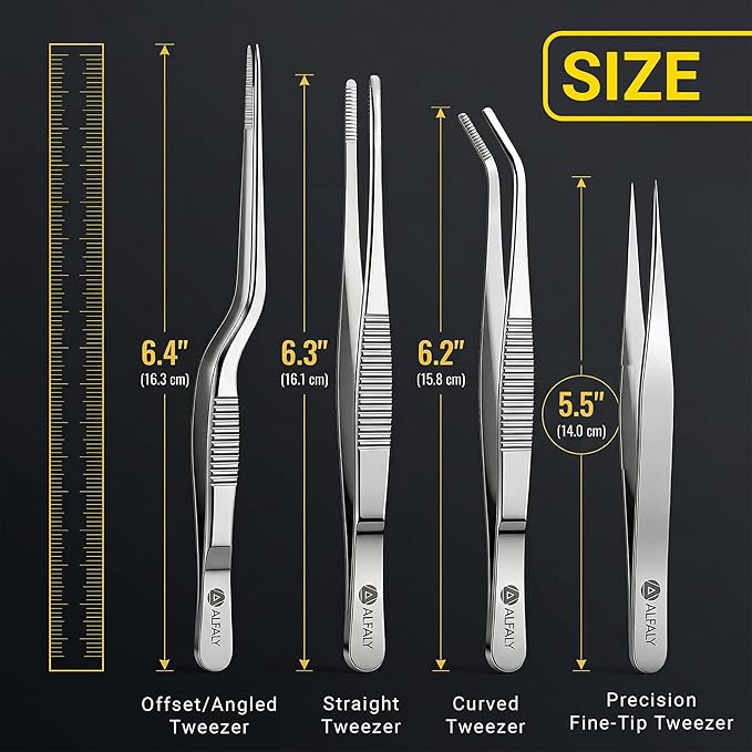 4pcs Garden Tweezers Set - 6.3" Long Plant Tweezers for Succulent, Bonsai & Cactus Gardening - Stainless Steel Multi Purpose Seed Tweezer Tools For Kitchen, Crafts, Aquarium, Reptile
