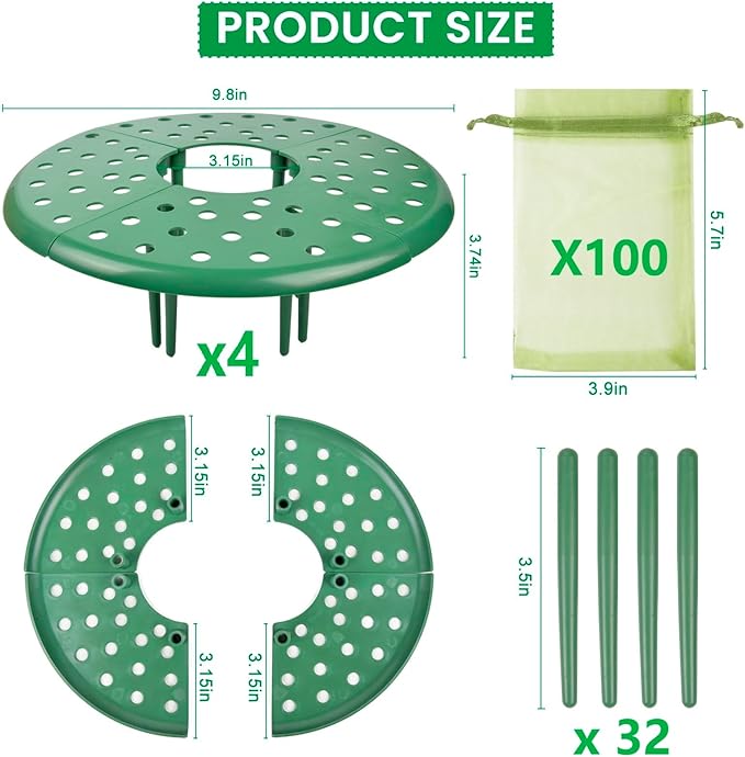 ChezMax 4 Pack Strawberry Plant Support - Strawberry Holder with 100 Pcs Green Mesh Protects, Strawberrys Supports for Garden, Strawberrys Trellis Stand with 32 Legs, Plant Pot Stand Protection