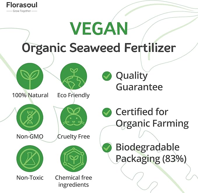 Florasoul® Odorless Organic Seaweed Fertilizer Flakes (2.2 lbs) – Water-Soluble Kelp Extract – Vegan & Plant-Based Nutrient Booster – No Fishy Smell – Makes 250+ Gallons