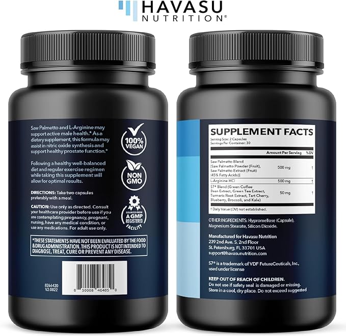 Saw Palmetto 500mg and L-Arginine 500 mg - Prostate Health and Nitric Oxide Supplements for Men - 60 Count - Urinary Function Support and Endurance for Active Males - Vegan, Non-GMO, 1 Month Supply