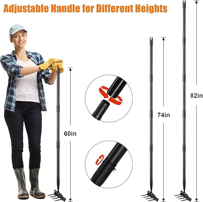Garden Hoe with Cultivator Rake - Heavy Duty Stirrup Hoe Gardening Tool,Sharp Blade,60 Inch Adjustable Long Handle,Scuffle Action Hoes for Fast Weeding,Grass Weeder Removal,Loosen Soil