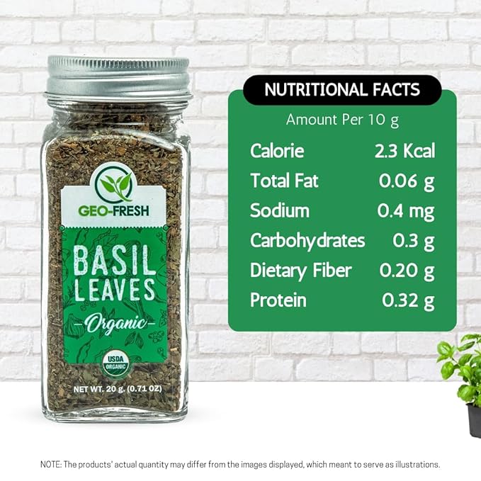 Geo-Fresh Organic Basil Leaves 0.71 oz (20g) – Dried Basil Seasoning for Cooking & Seasoning – Non-GMO, Kosher, USDA Certified Organic, Gluten-Free