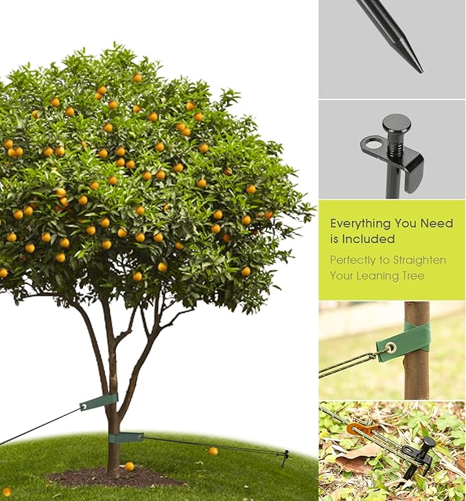 Heavy Duty Tree Stake Kits, 11.8 Inch Steel Tree Stakes and Supports for Young Tree Anti Strong Wind, Leaning Tree Anchor Straightening Kit with 3 PCS Steel Stakes, 13.12 Feet Rope and Tree Straps