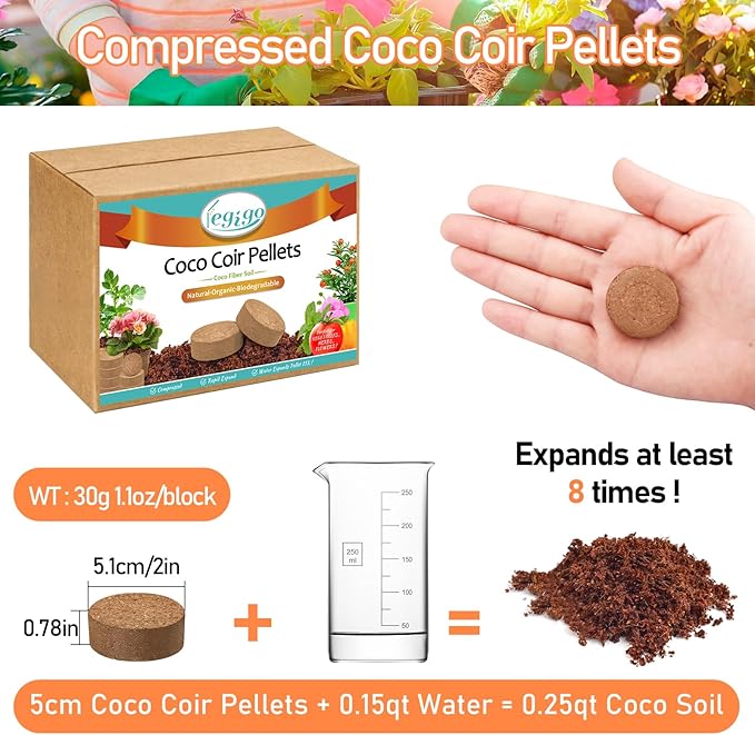 Legigo 50 PCS 50mm Coco Coir Pellets Potting Soil Mix- Compressed Coconut Coir Discs Seed Starting Soil Pellets, Coco Peat Soil Pods for Indoor & Outdoor Plants, Gardening Herbs Bonsai and Vegetables