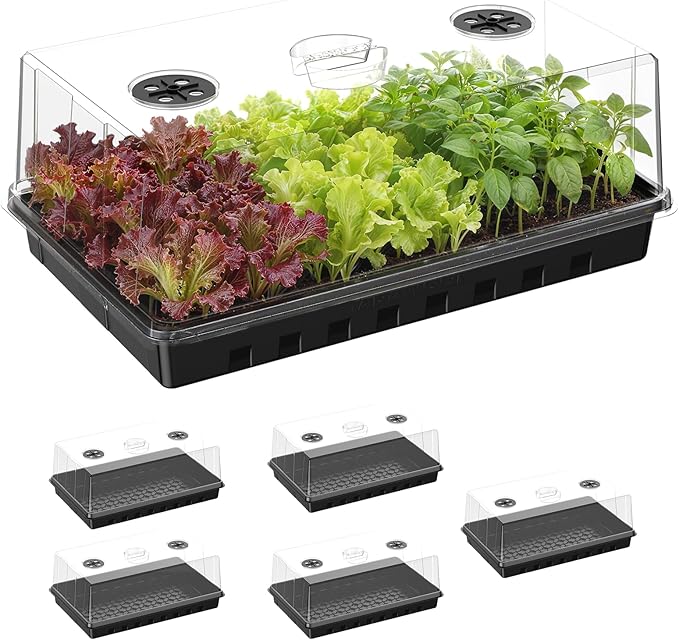 Seed Starter Tray, Seedling Trays Kit for Plant, Germination Trays with 4.73 Inch High Humidity Domes，Large Growing Space & Better Air Flow for Seed Starting, Growing Tray, Gardening Gifts, 6PCS