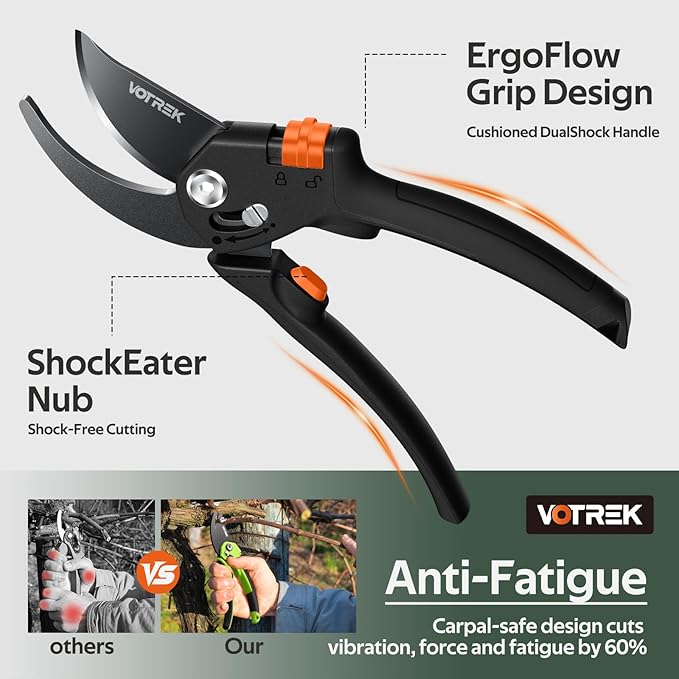 VOTREK® Pruning Shears for Gardening, [Patented Stepless Handle Opening] - Bonsai Scissor with Ultra-Sharp SK5 Steel for Weak Hand, Universal Fit for All Hand Sizes, Effortlessly Cuts 1-Inch Branches