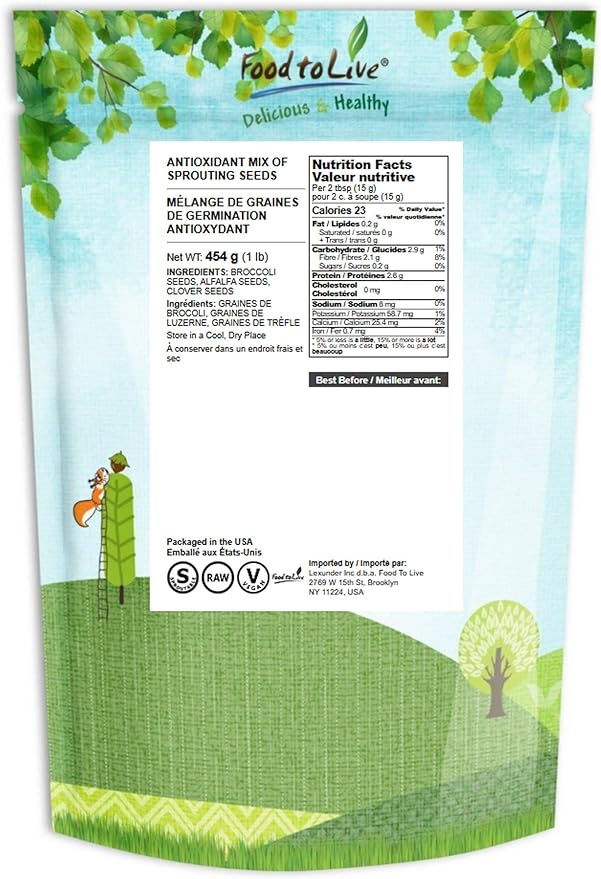 Food to Live Organic Antioxidant Mix of Sprouting Seeds, 1 Pound – Non-GMO Broccoli, Alfalfa, Clover, Rich Germination Rate, Non-Irradiated, Kosher, Vegan Superfood, Bulk, Rich in Sulforaphane