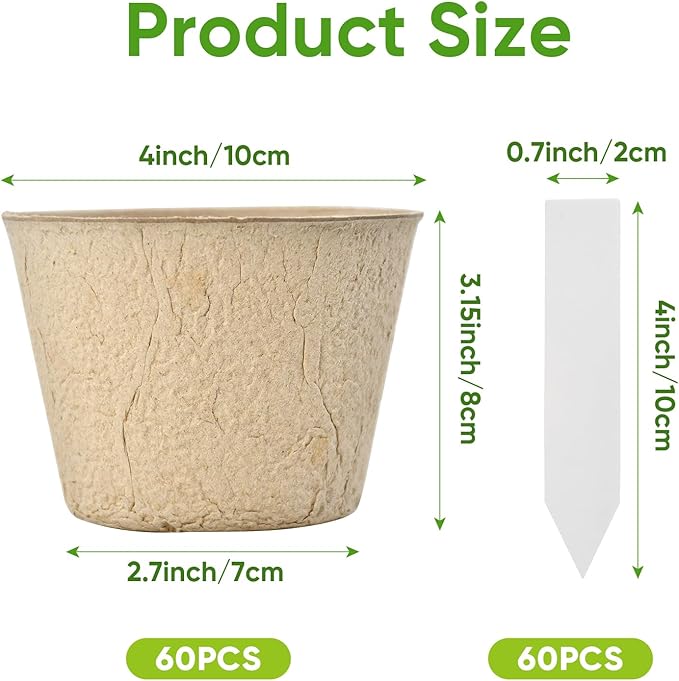 Jolliance 60 Pack 4” Peat Pots for Seeding with 60Pcs Plant Labels, Biodegradable Seed Starter Pots with Drainage Holes, Garden Germination Nursery Pots