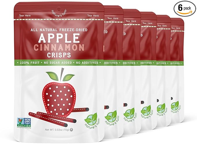 Nature’s Turn Freeze-Dried Apple Cinnamon Crisps – Healthy, Gluten-Free, Crispy & Delicious, Plant-Based Snack, Ideal for Cereal, Smoothies, School Lunches, & On-the-Go, Bags of 6 (0.53 oz Each)