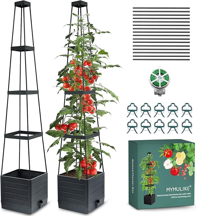 MYMULIKE Self-Watering Garden Bed, Raised Garden Bed Planter Box Outdoor, 58” Tomato Cage Planter for Vegetables, Flowers, Herbs, and Fruit, Outdoor Indoor,5 Gallon Capacity