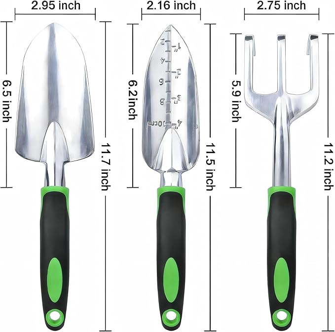 Garden Tools Set, 3-Piece Heavy Duty Gardening Hand Tools, Rust-Proof Cast Aluminum Construction with Soft Non-Slip Rubber Grips, Ideal for Digging, Planting, Weeding & Transplanting (Green)