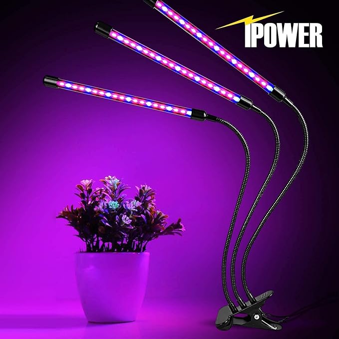 iPower LED Grow Lights with Full Spectrum Plant Growing Lamp for Indoor Plant, 3 Modes Timing Function, 3 Tubes, Red&Blue