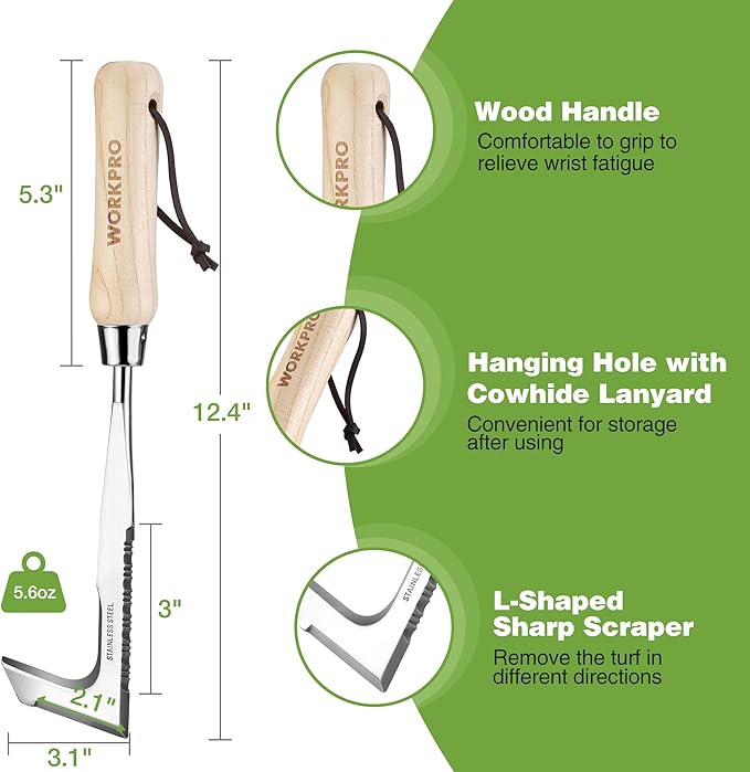WORKPRO Crack Weeder, 12" Stainless Steel Crevice Weeding Tool with Ash Wooden Handle, L-Shaped Side-Walk Weed Puller Spatula, for Garden Lawn Yard Patio Terrace Paving Moss Garden Tool