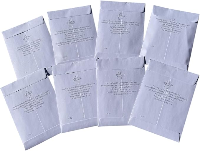 Julia's Garden Goods Vegetable Seed Collection, 8 Pack Variety Set with Cucumber, Zucchini, Green Bean, Radish, Jalapeño Pepper, Carrot, Tomato, Lettuce