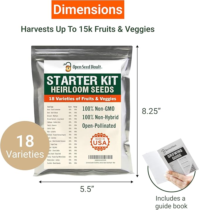 Open Seed Vault 15,000 Heirloom Plant Seeds for Gardening Vegetables and Fruits - Survival Seeds Kit with 30 Varieties - Organic, Non-GMO Survival Seed Pack for Home Gardening and Emergency Supplies