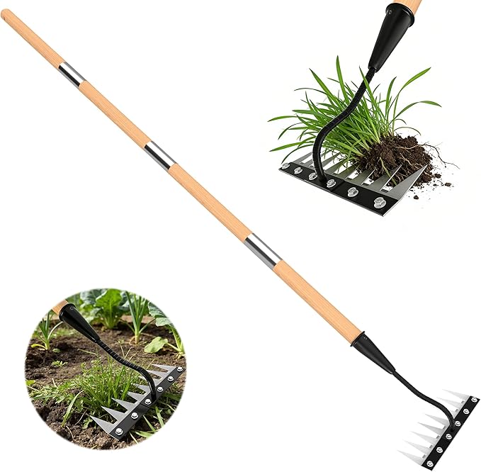 Iron Weed Rake with Wooden Long Handle 2.0, 8 Teeth Weed Puller Tool Heavy Duty, Manual Gardenia Weeding Rake Tool for Yard, Lawn and Garden, 71Inch