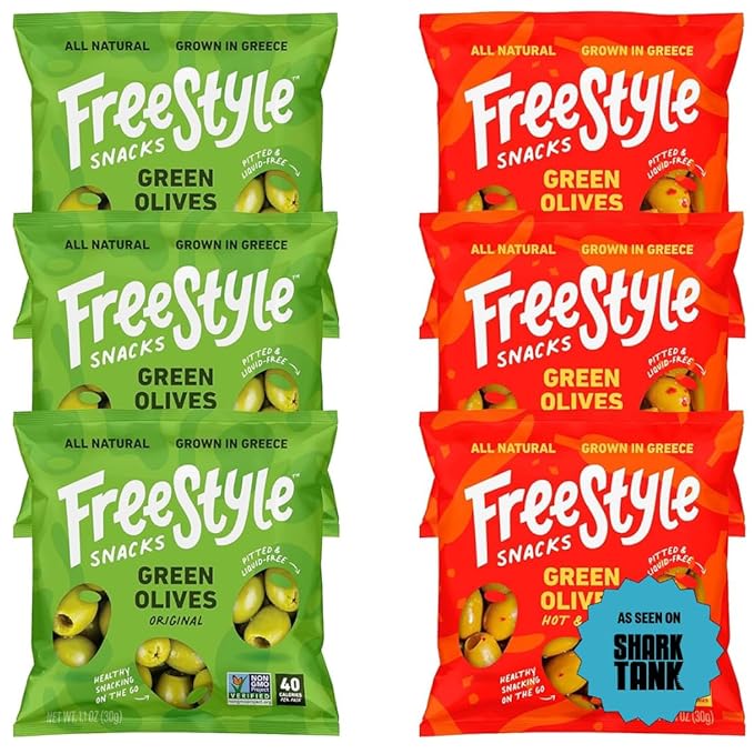 Freestyle Snacks Olive Snack Packs - As Seen on Shark Tank - Single Serve - Fresh Pitted Green Olives, Grown in Greece, All Natural, Non-GMO, Sugar-Free, Salty Snack - Variety, 1.1oz (6 Pack)