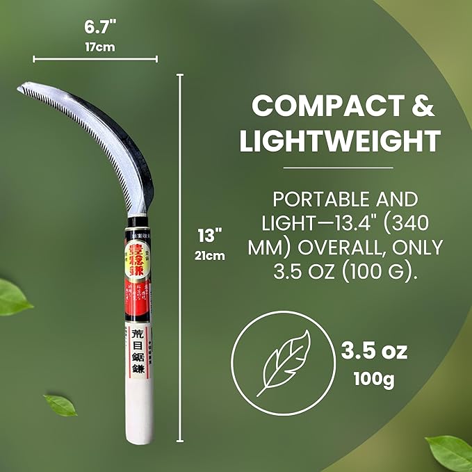 Hounen Miyawaki Japanese Weeding Sickle (Kama) – Curved Saw-Tooth Edge, Non-Twisted Blade, High-Carbon Japanese Steel, Lightweight Natural Wood Handle, Made in Japan