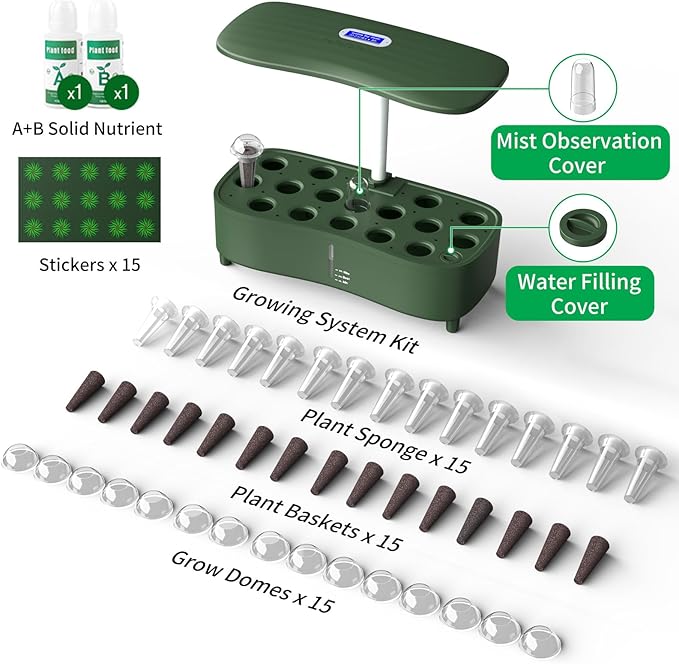 Hydroponics Growing System Kit Indoor, Aeroponics Herb Garden Kit 15 Pods, 3 Grow Modes, 24H Timer Gardening System, Quiet Smart Water Pump Hydroponic Planter Summer/Winter Use (Dark Green)