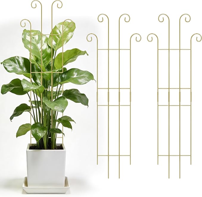 3 Set Tall Trellis for Potted Plants Indoor, 32'' Expandable Garden Metal Trellis for Climbing Plants Outdoor, Monstera Plant Support for Hoya, Vine, Ivy Pothos (Gold)