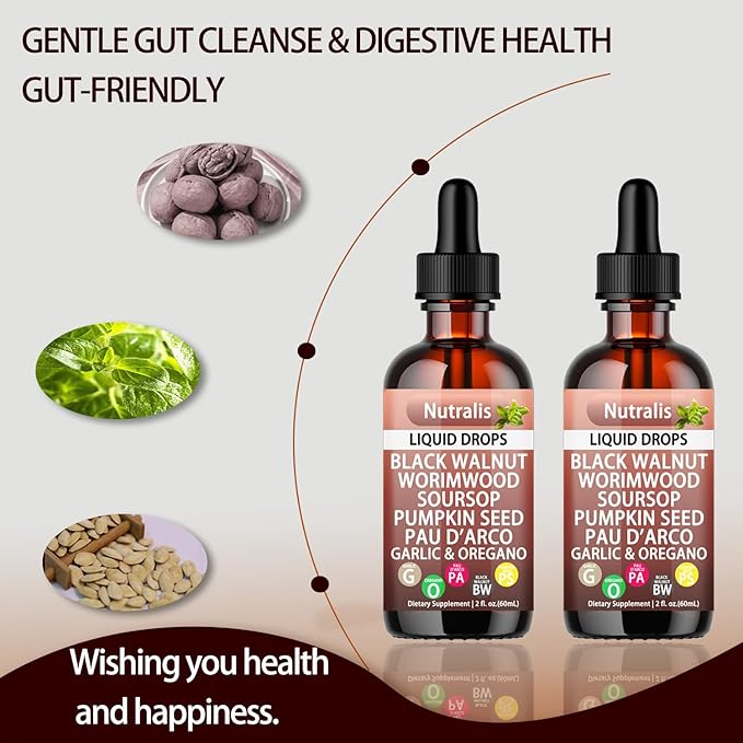 Nutralis Black Walnut Wormwood Gut Cleanse –Wormwood Black Walnut Clove Liquid Drops with Soursop, Pumpkin Seed, PAU D'arco, Garlic Oregano, Boosts Energy, Supports Gut Health & Nutrient Absorption