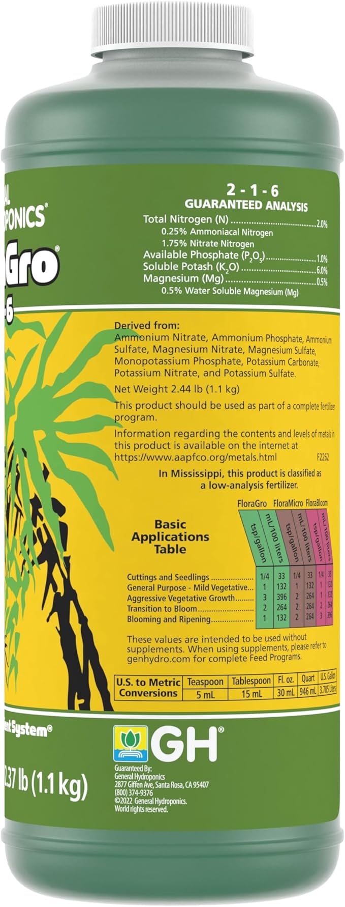 General Hydroponics FloraGro 2-1-6 Plant Food, Part of FloraSeries Advanced Nutrient System for Plants, 1 Quart