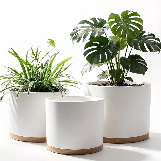 10/9/8 Inch Large Plant Pots with Drainage Holes and Trays, 3 Pack Modern Minimalist Cylinder Planters for Monstera, Snake Plant, Indoor Outdoor (Matte White & Brown)