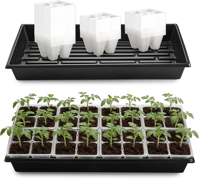 RooTrimmer 5 Pack Heavy Duty 1020 Trays and 40 Pack Clear 4 Cell Seed Starter Trays with Drainage Holes - Reusable Seed Starter Kit for Seed Germination & Plant Propagation (5 Sets)