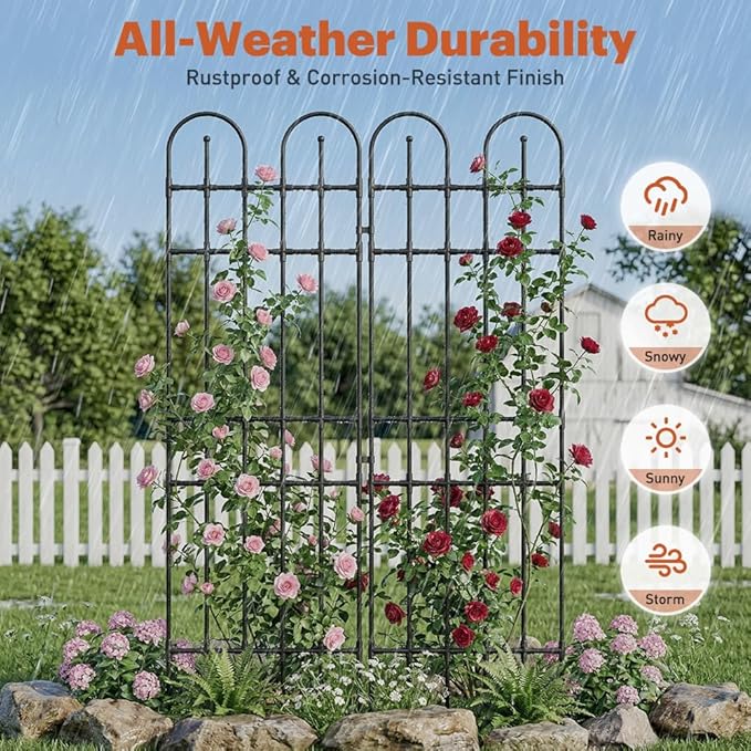 Black Garden Trellis, 71x21 Inch Metal Arch Decoration with Rustic Iron & Black Coating, 2 Pack Outdoor Plant Support for Climbing Roses, Vines, Flowers, Vegetables
