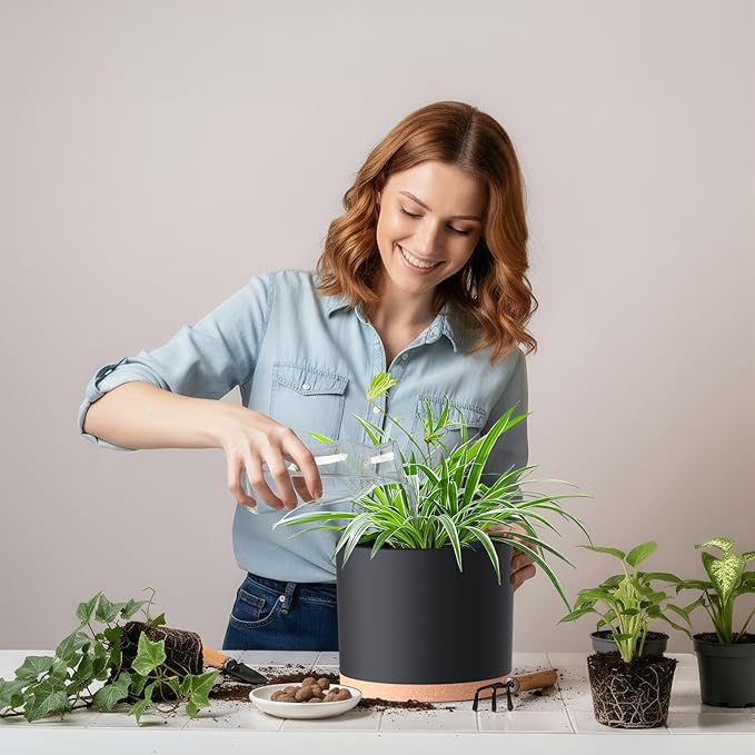 10/9/8 Inch Large Plant Pots with Drainage Holes and Trays, 3 Pack Modern Minimalist Cylinder Planters for Monstera, Snake Plant, Indoor Outdoor (Matte Black & Brown)