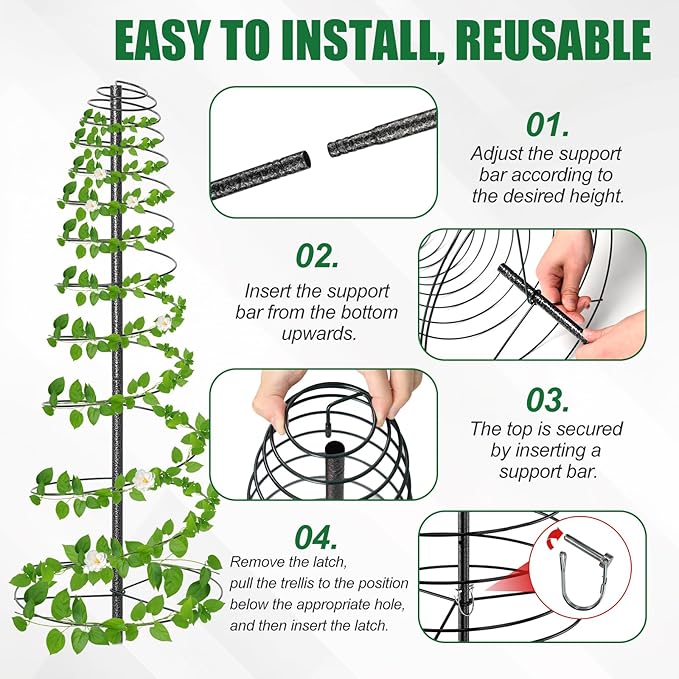 2 Pack Spiral Trellis for Climbing Plants Outdoor, 45 Inch Tall Heavy Duty Metal Garden Tower, Decorative Plant Support with Anti-Tip Stake,Rustproof for Clematis Pole Beans Cucumber Berry Vines Pots