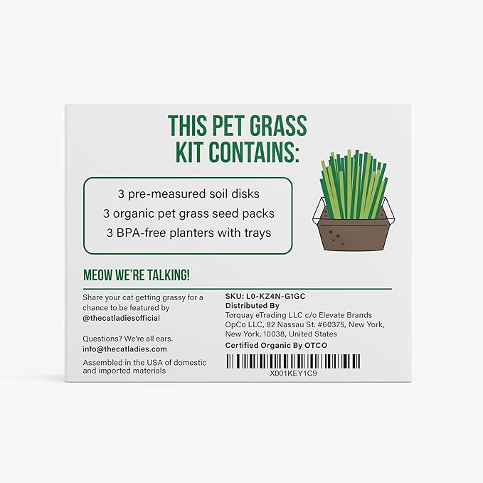 The Cat Ladies Cat Grass for Indoor Cats - Growing Kit - Organic Cat Grass Seeds, Soil and BPA Free Containers (Non GMO) - Locally Sourced Seeds! (3 Pack)