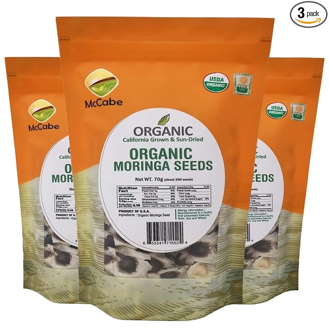 McCabe Organic Sun-Dried Moringa Seeds - Moringa Seeds | Rich with Fiber & Minerals | USDA and CCOF Certified | Product of USA | 70g Pack of 3