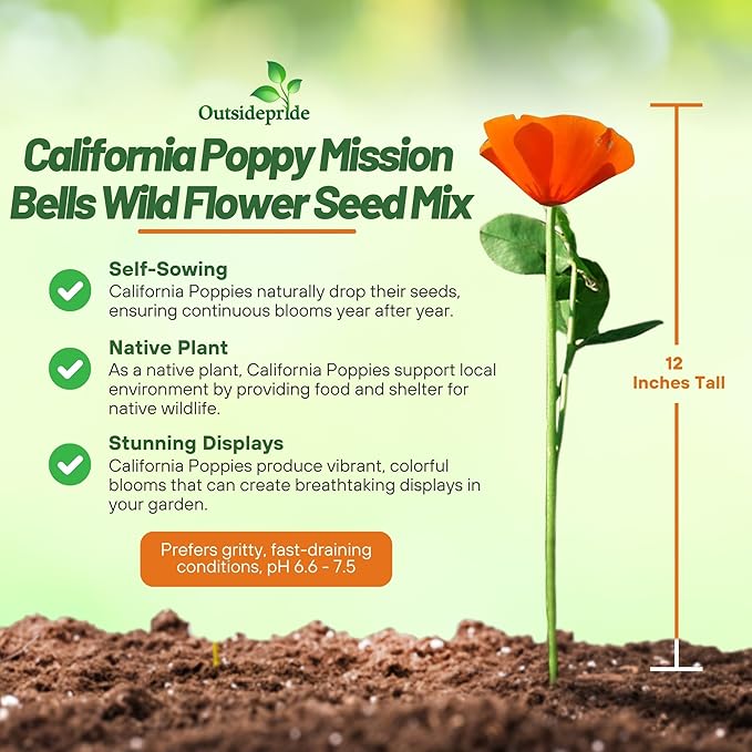 Outsidepride Mission Bells California Poppy Seed Mix - 10000 Pcs Annual Eschscholzia Wildflower Seeds w/Double Bi-Colored Blooms for Colorful Gardens, Borders, Meadows & Pollinator-Friendly Spaces