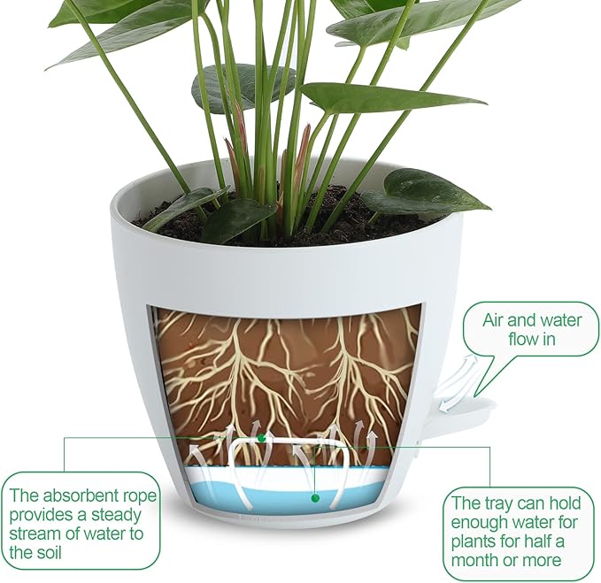 GARDIFE Self Watering Plant Pots with Drainage Holes,6 Pack 7 inch Plastic Flower Pots,Put On Indoor & Outdoor & Window Sill (7 inch|6 pcs, White)