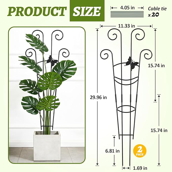Plant Trellis 2 Pack Plant Trellis Indoor 29.96 in Expandable Metal Garden Trellis for Climbing Plants Sturdy Houseplant Support for Potted Plants with Ties Support for Ivy Pothos Hoya