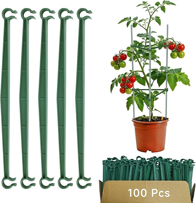 100pcs Garden Stakes Arms for Tomato Cage, Plant Trellis Connectors, Attach 0.63 Inch Dia Tomato Stakes and Plant Stick Supports, 11.8in Plastic Connecting Rod (16mm，No Stake)