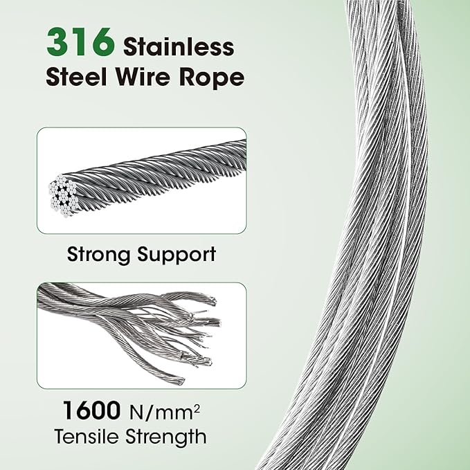 Wire Trellis Kit for Climbing Plants Outdoor - 10-Set Wall Mounted Trellis with 53Ft x 1/8" T316 Stainless Steel Rope, Heavy Duty Garden Wire Trellis System for Espalier & Vertical Gardening
